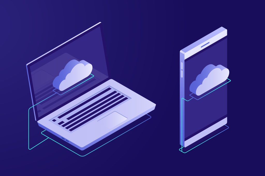 Illustration of cloud computing. Devices connected to the cloud. 